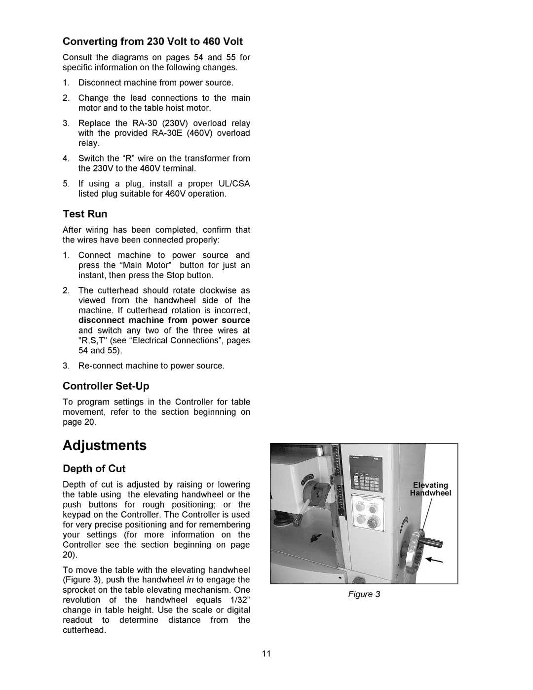 Powermatic WP2510 Adjustments, Converting from 230 Volt to 460 Volt, Test Run, Controller Set-Up, Depth of Cut 