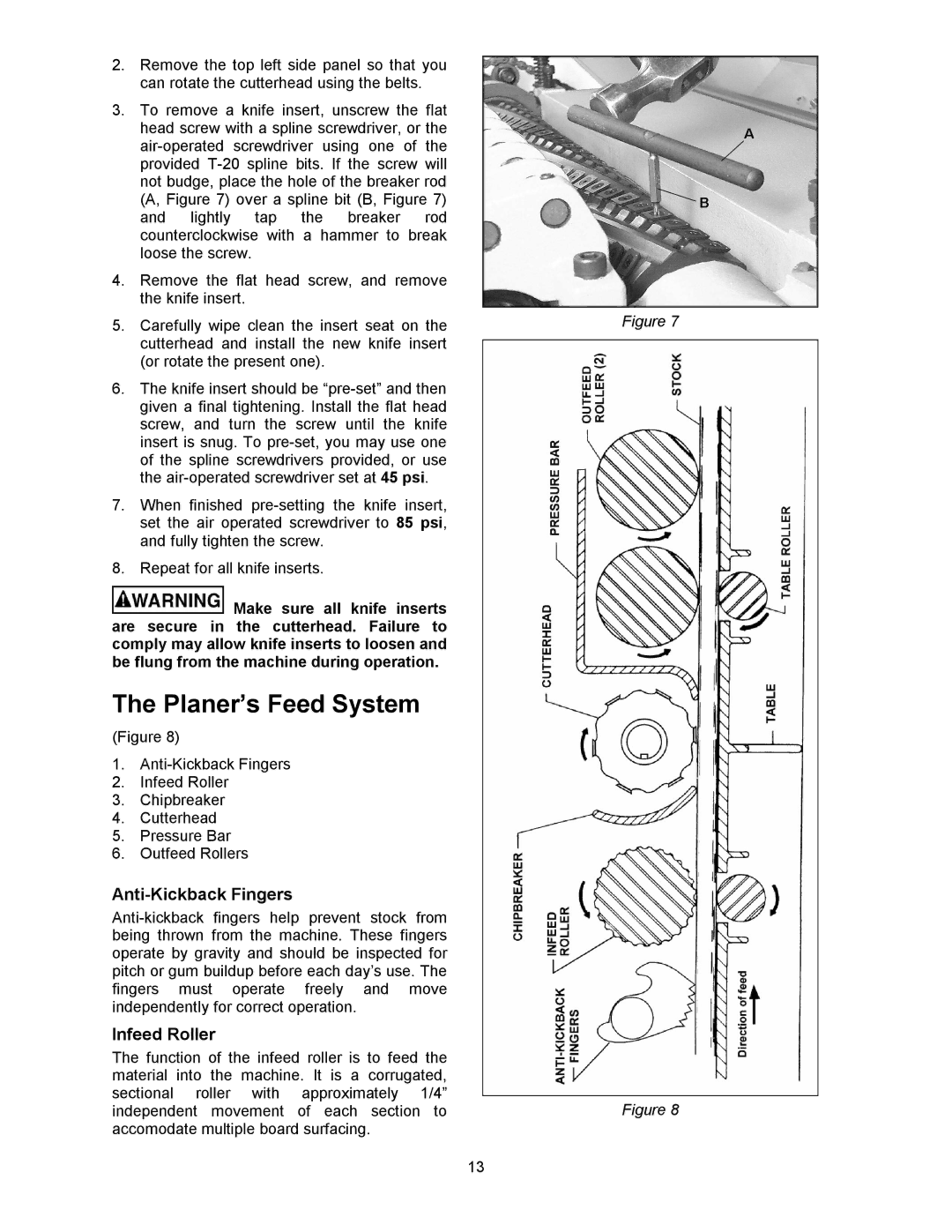 Powermatic WP2510 operating instructions Planer’s Feed System, Anti-Kickback Fingers 