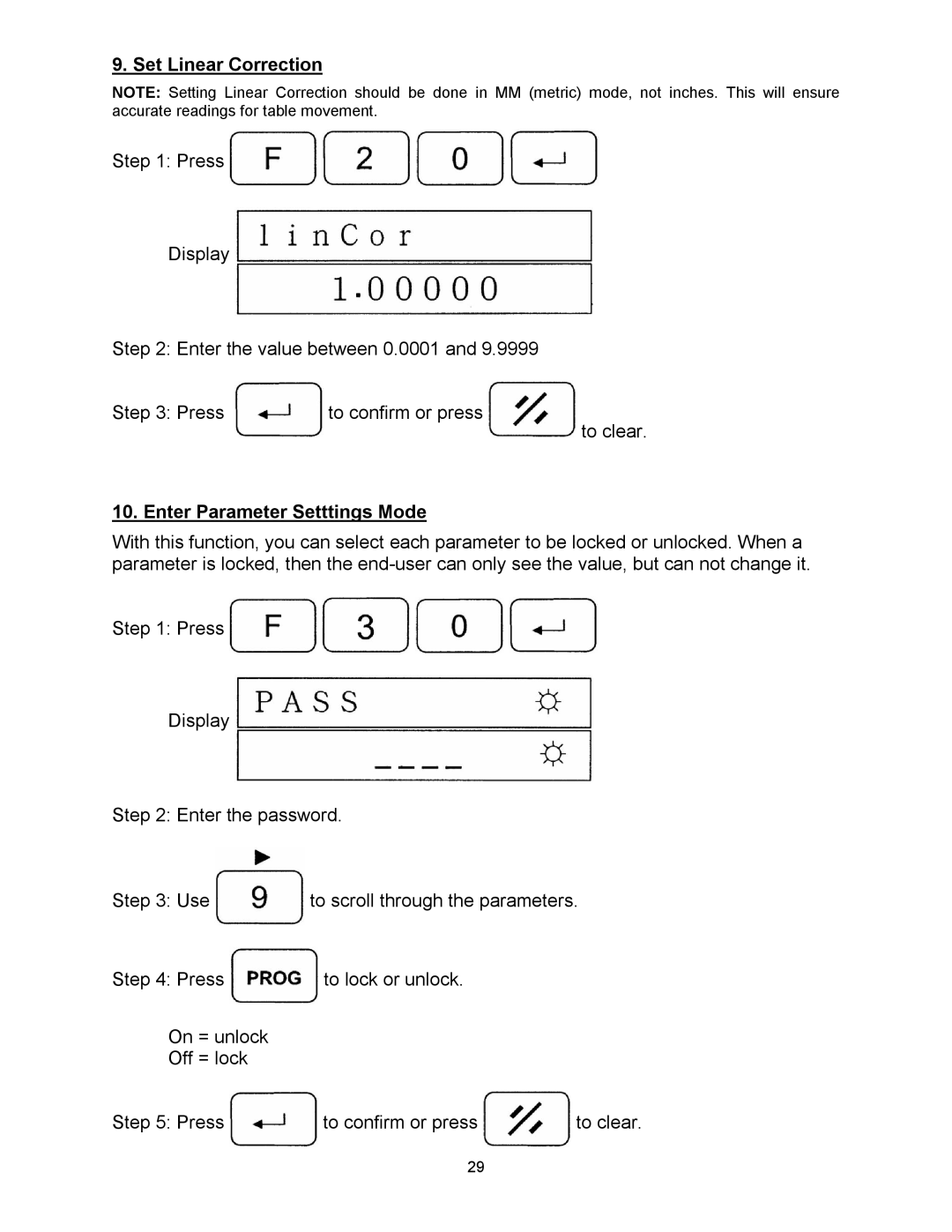 Powermatic WP2510 operating instructions Set Linear Correction, Enter Parameter Setttings Mode 