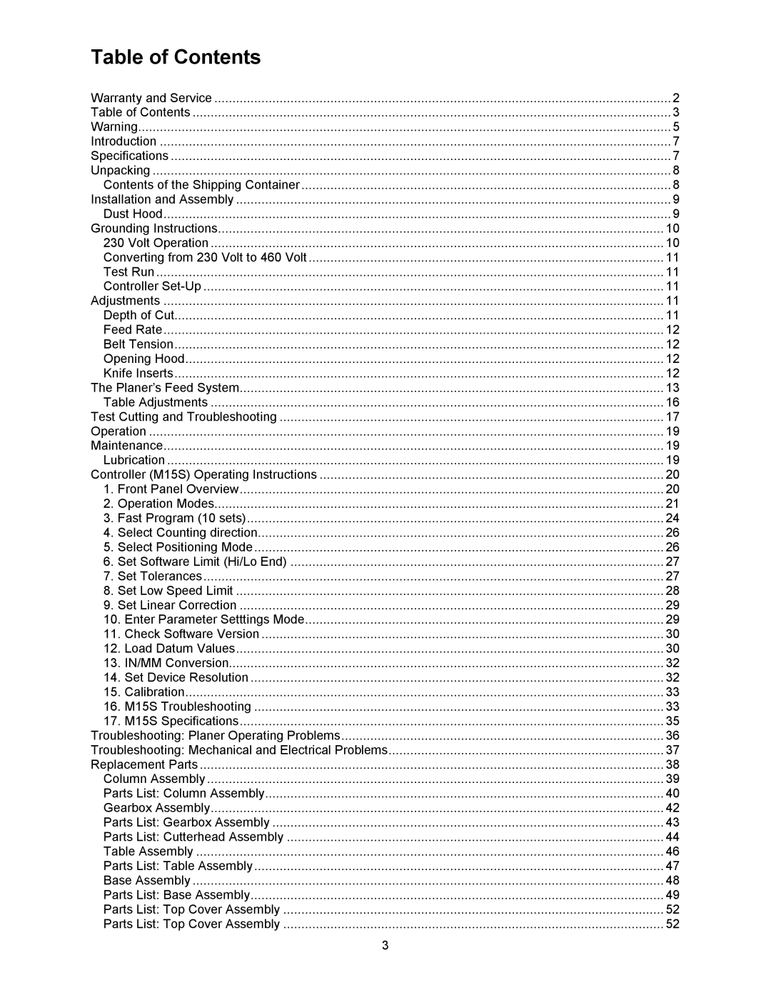 Powermatic WP2510 operating instructions Table of Contents 