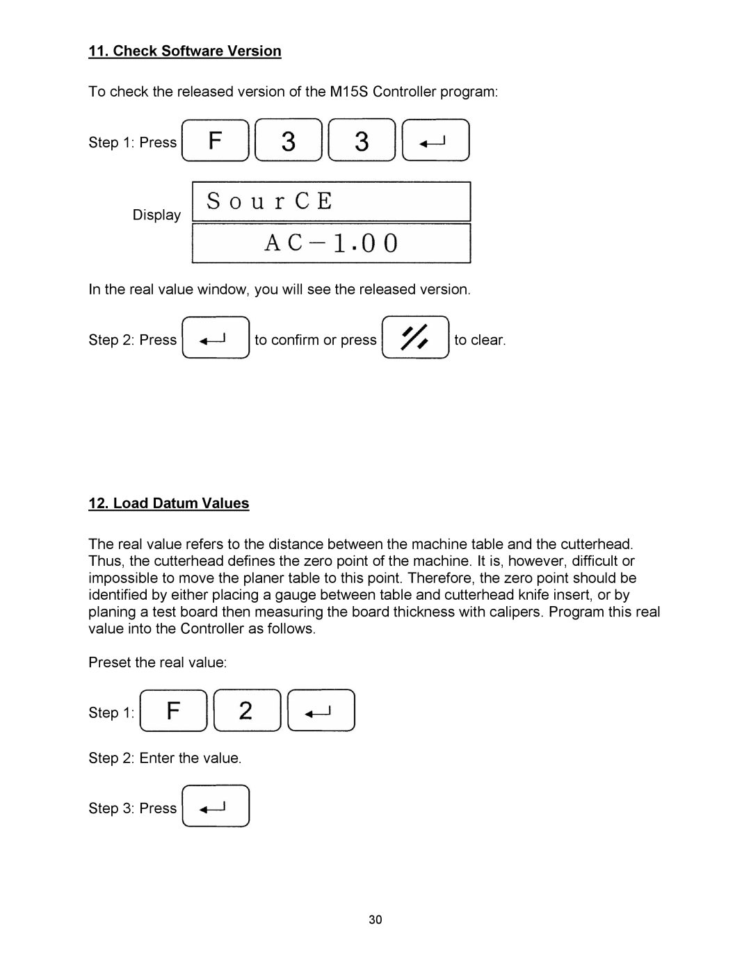 Powermatic WP2510 operating instructions Check Software Version, Load Datum Values 