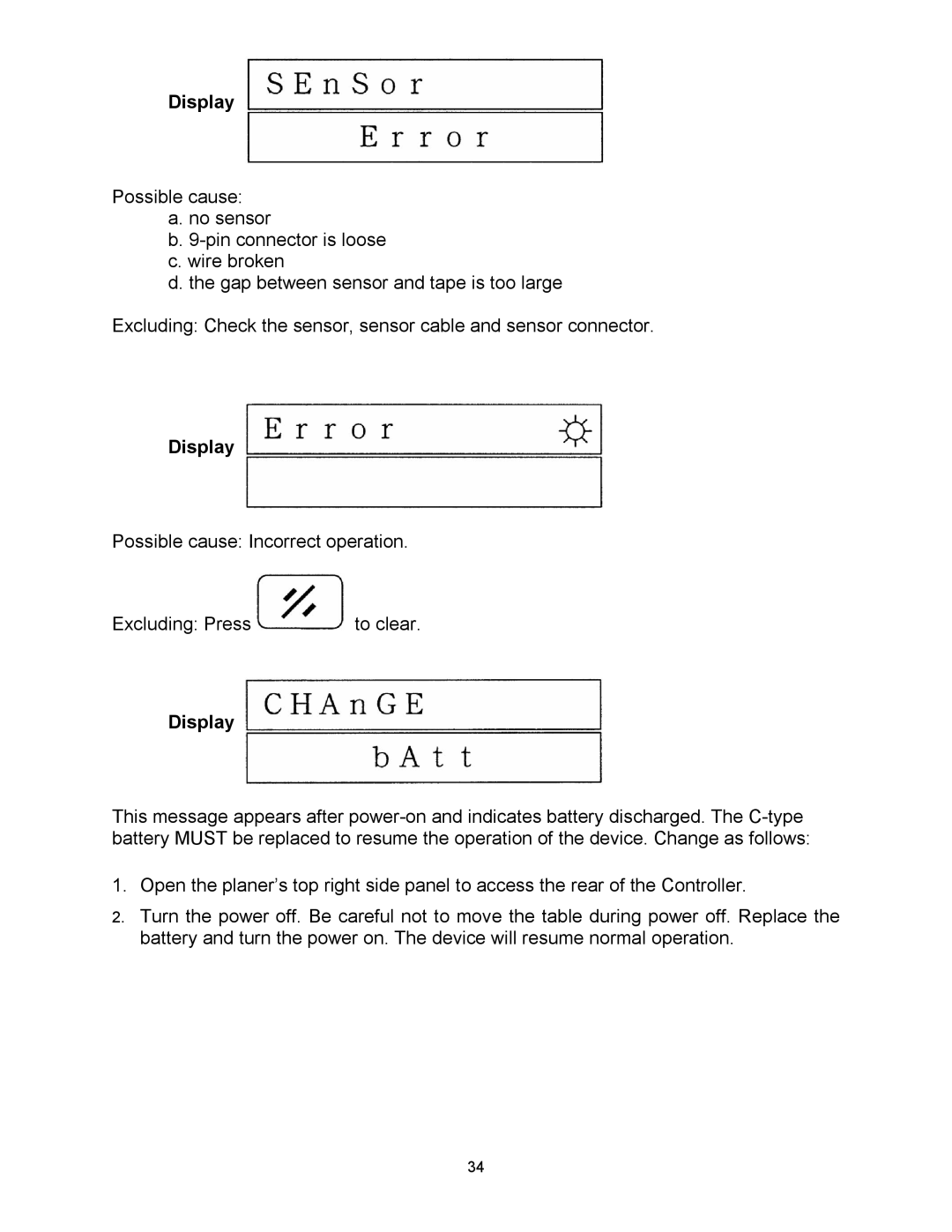 Powermatic WP2510 operating instructions Possible cause Incorrect operation Excluding Press to clear 