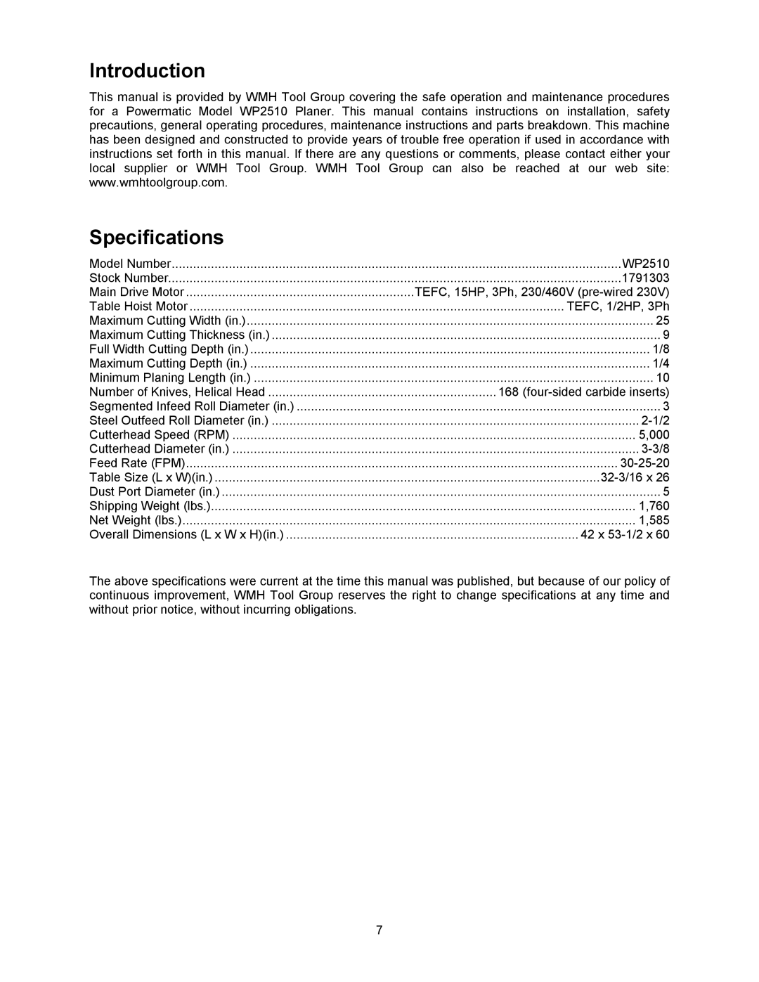 Powermatic WP2510 operating instructions Introduction Specifications, TEFC, 1/2HP, 3Ph 