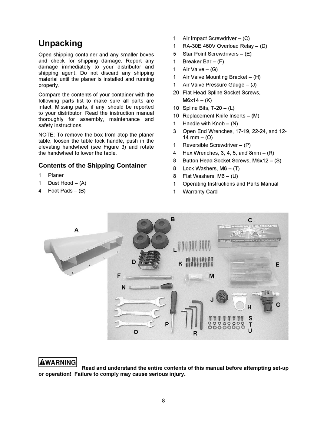 Powermatic WP2510 operating instructions Unpacking, Contents of the Shipping Container 