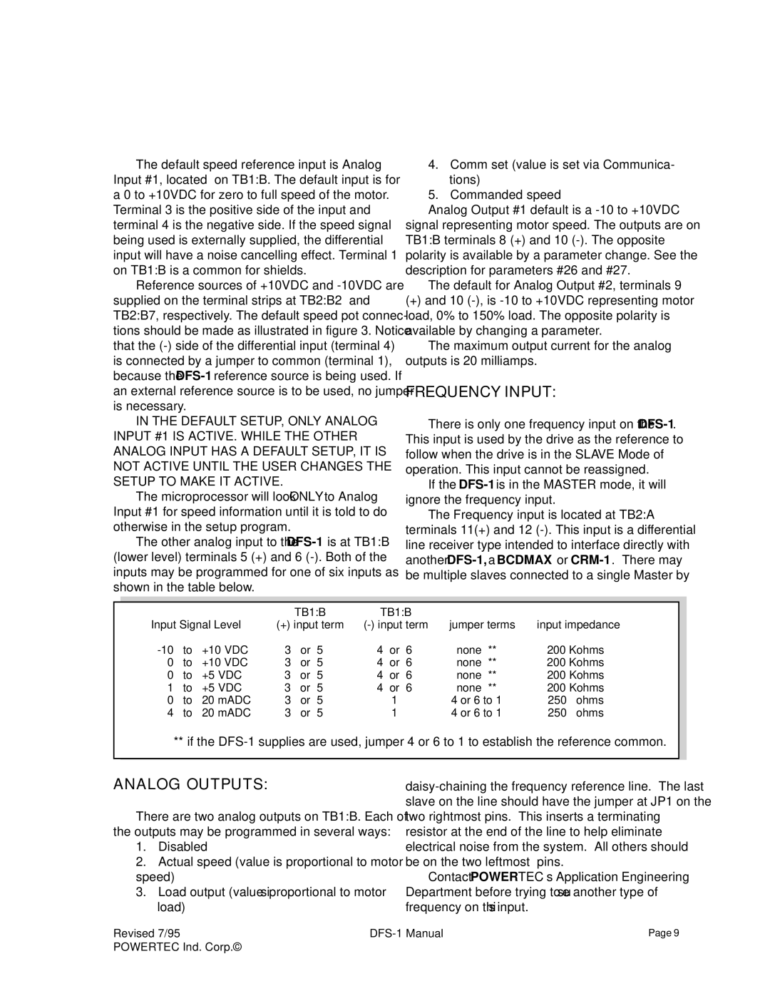 PowerTec DFS-1 manual Frequencyinput, Analog Outputs 