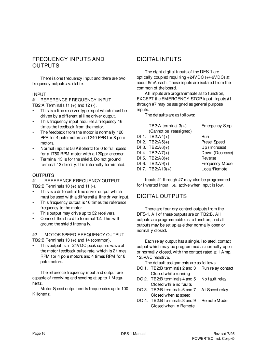 PowerTec DFS-1 manual Frequency Inputs Outputs, Digital Inputs, Input #1 Reference Frequency Input 