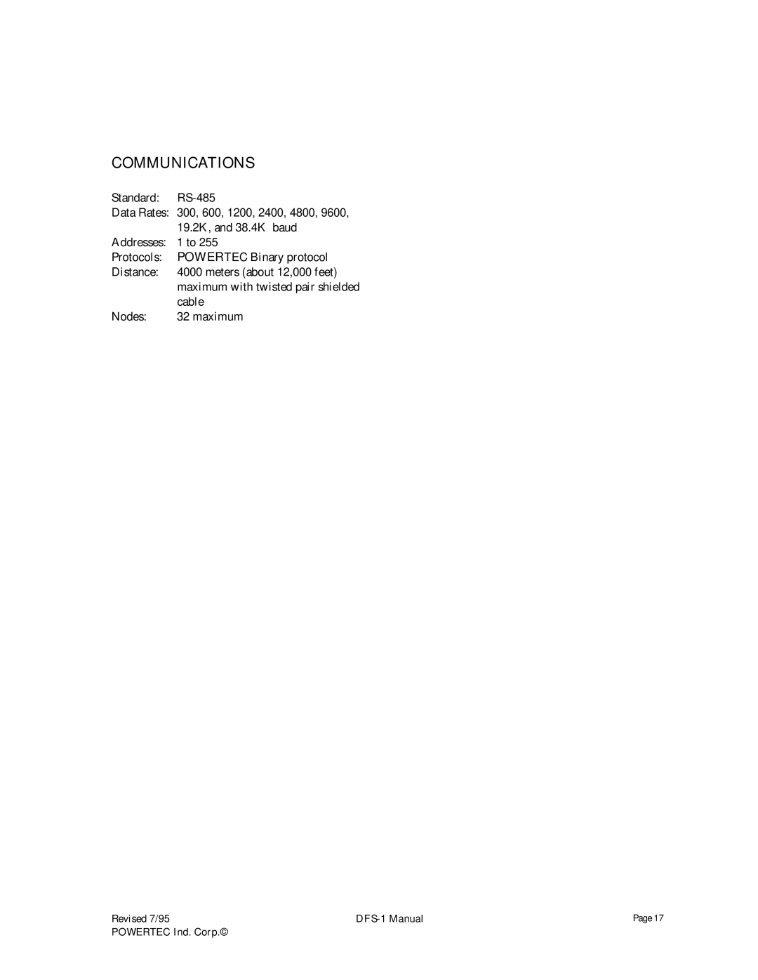 PowerTec DFS-1 manual Standard RS-485, 19.2K, and 38.4K baud, Cable, Nodes Maximum 