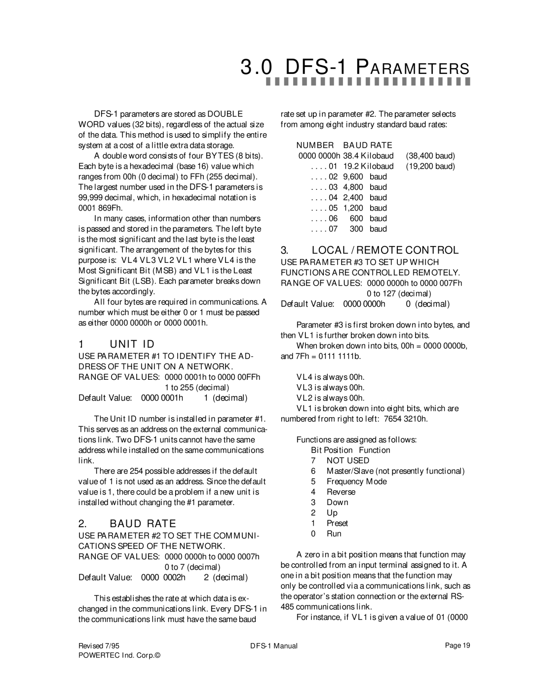 PowerTec DFS-1 manual Unit ID, Local / Remote Control, Number Baud Rate, Not Used 