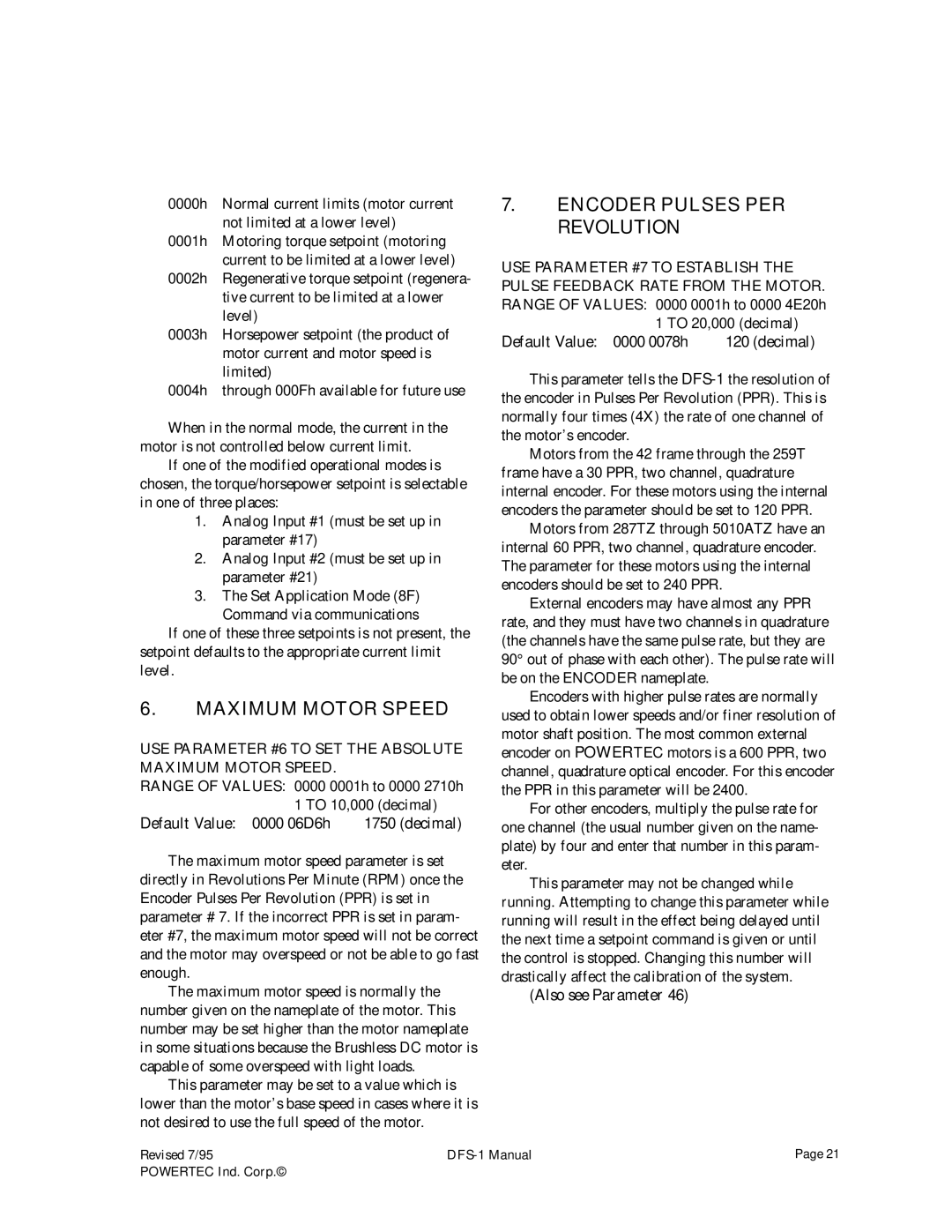 PowerTec DFS-1 manual Maximum Motor Speed, Encoder Pulses PER Revolution 