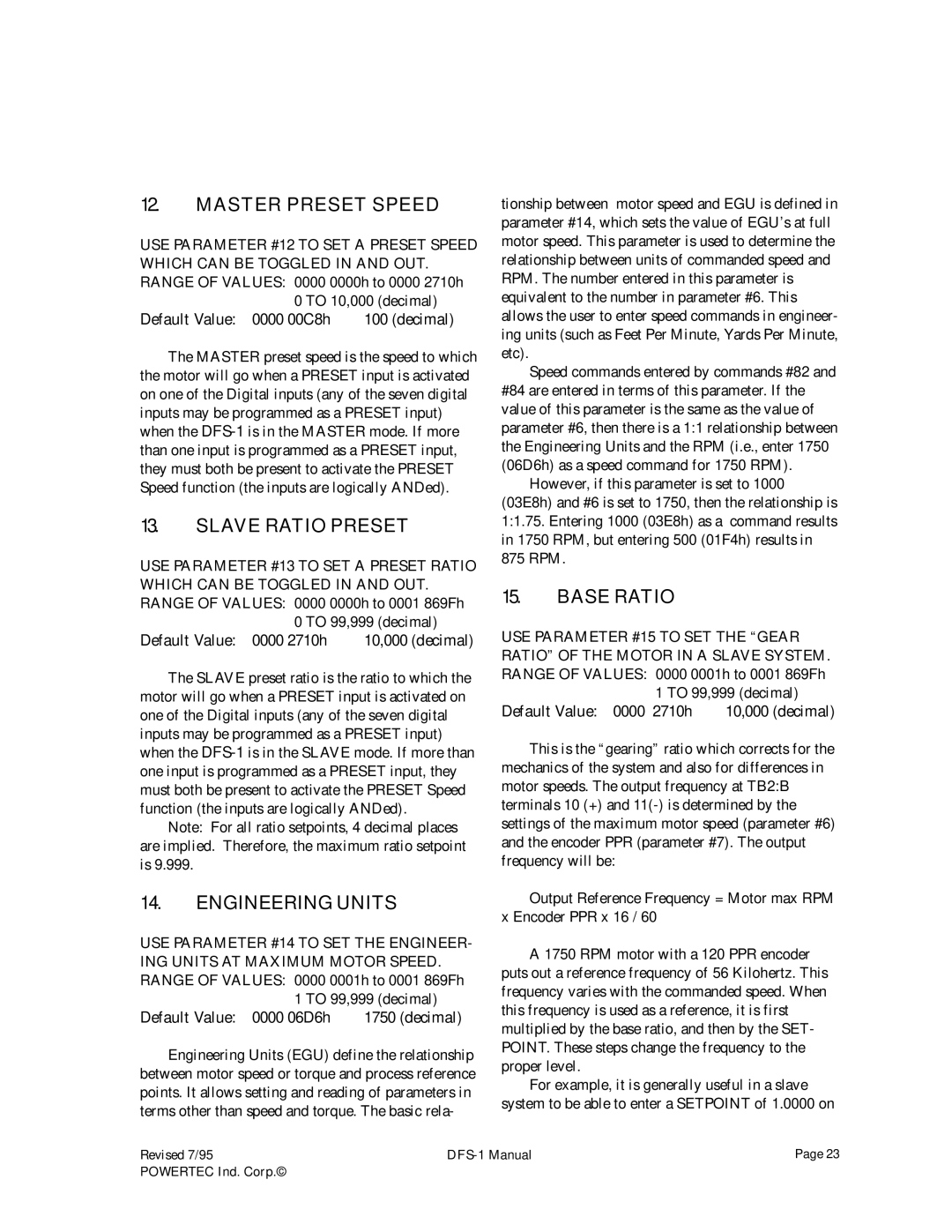 PowerTec DFS-1 manual Master Preset Speed, Slave Ratio Preset, Engineering Units, Base Ratio 