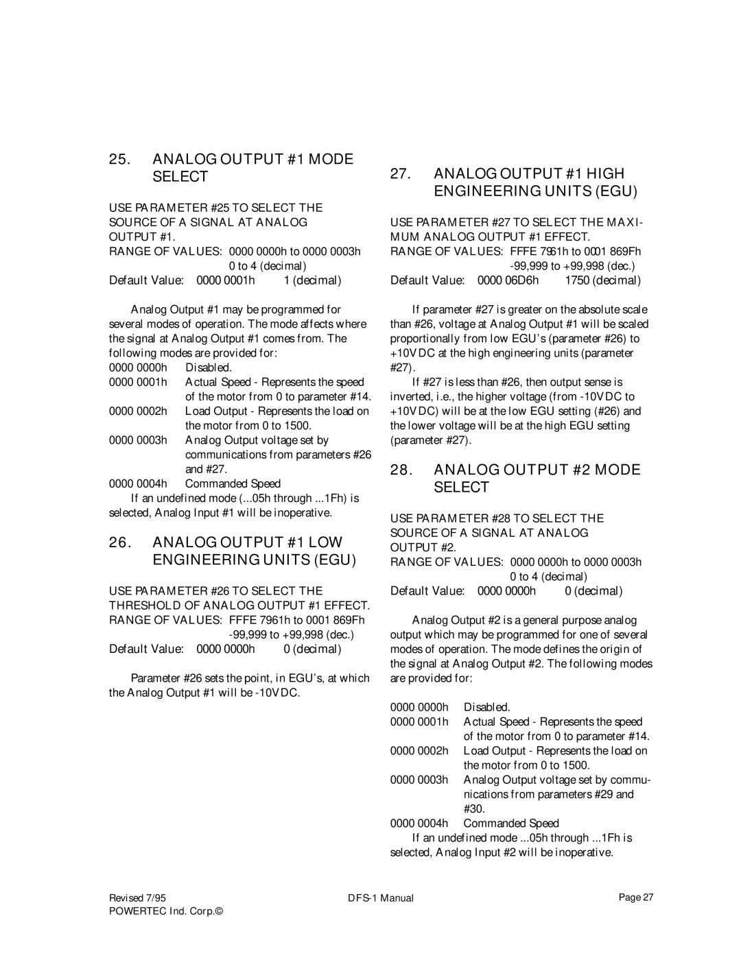 PowerTec DFS-1 Analog Output #1 Mode Select, Analog Output #1 LOW Engineering Units EGU, Analog Output #2 Mode Select 