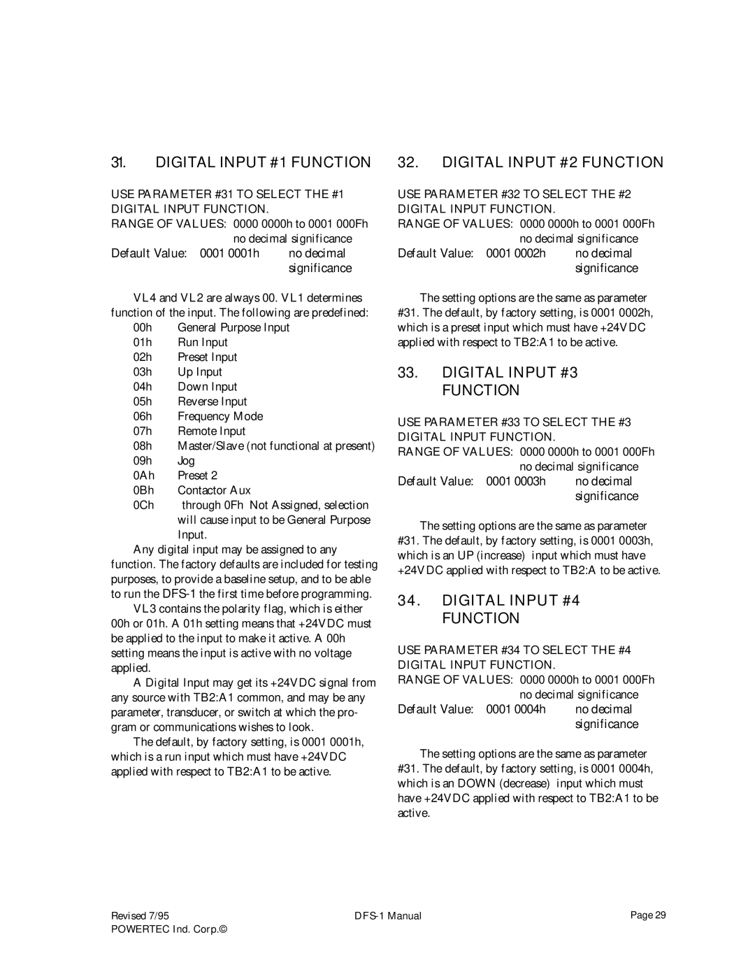 PowerTec DFS-1 Digital Input #1 Function, Digital Input #2 Function, Digital Input #3 Function, Digital Input #4 Function 