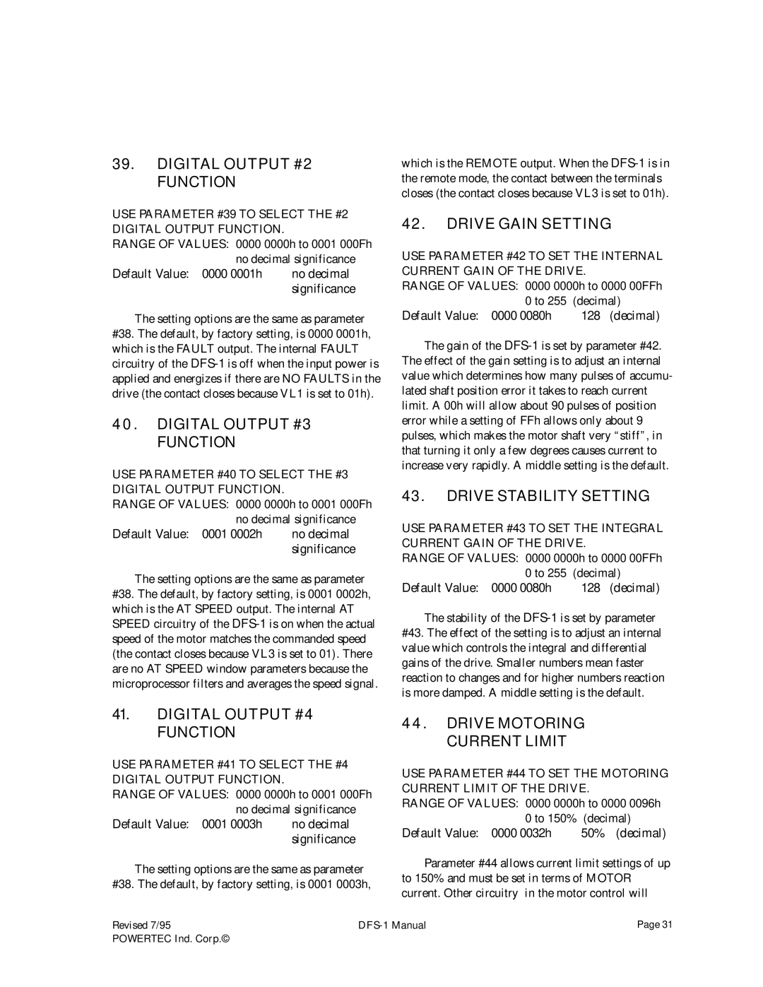 PowerTec DFS-1 Digital Output #2 Function, Digital Output #3 Function, Digital Output #4 Function, Drive Gain Setting 