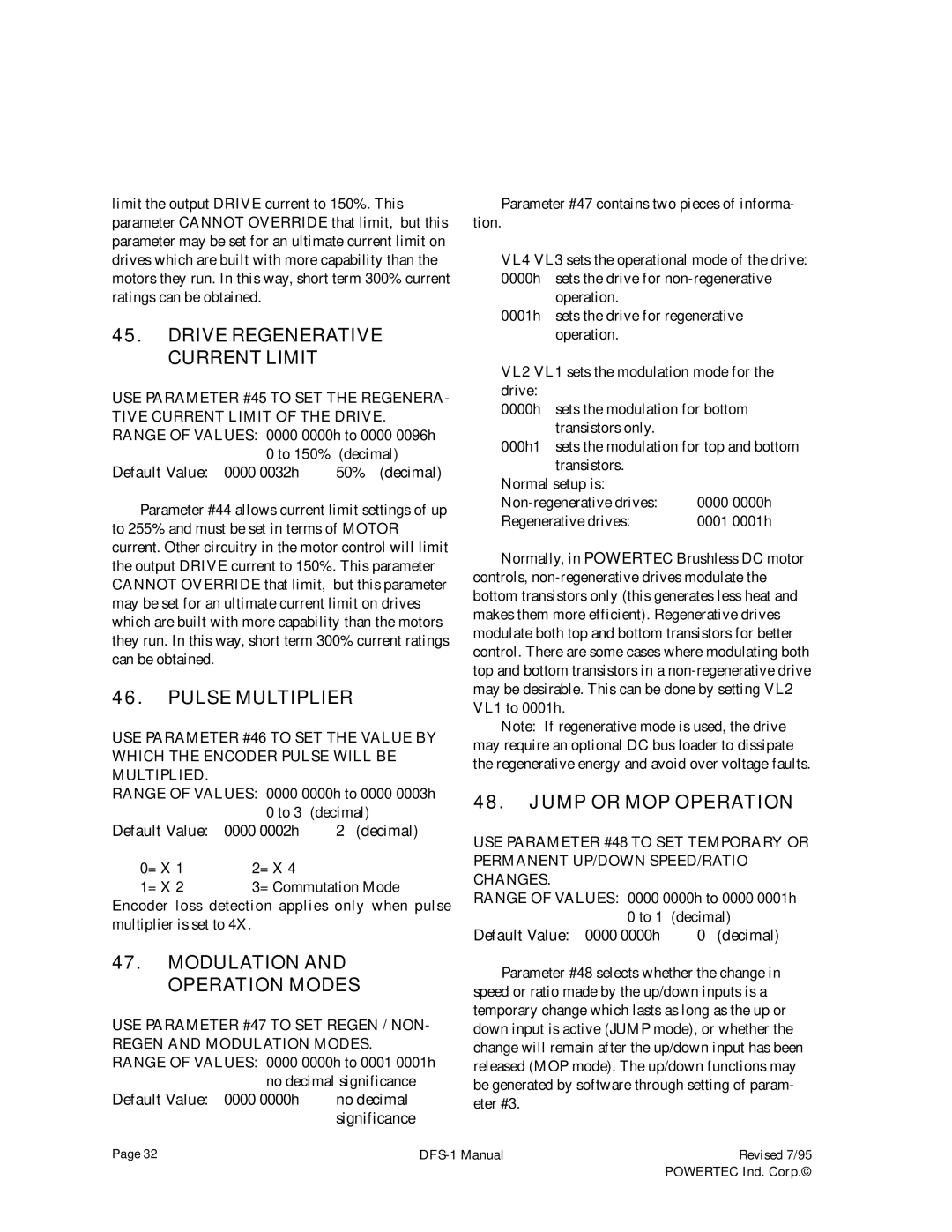 PowerTec DFS-1 Drive Regenerative Current Limit, Pulse Multiplier, Modulation and Operation Modes, Jump or MOP Operation 