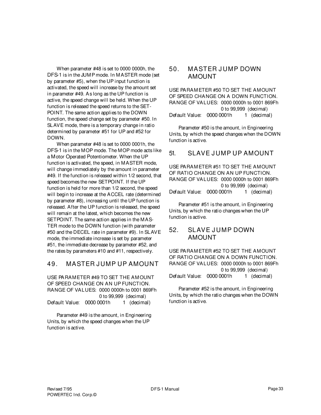 PowerTec DFS-1 manual Master Jump UP Amount, Master Jump Down Amount, Slave Jump UP Amount, Slave Jump Down Amount 