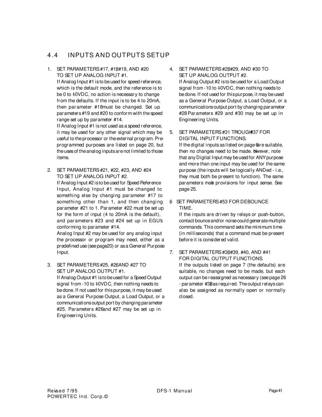 PowerTec DFS-1 manual Inputs and Outputs Setup 