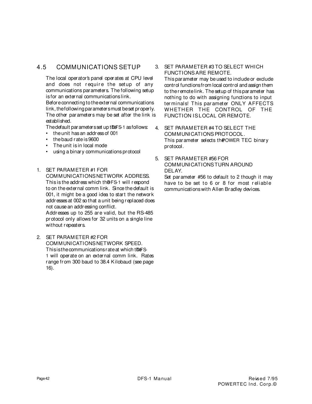 PowerTec DFS-1 manual Communications Setup, SET Parameter #3 to Select Which Functions are Remote 