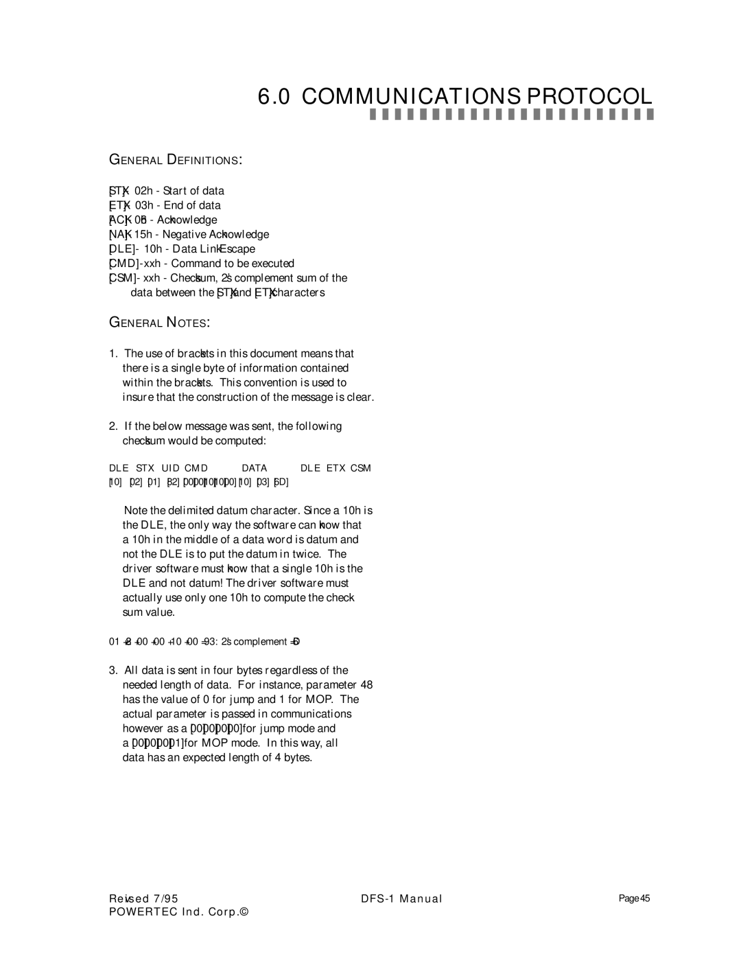 PowerTec DFS-1 manual Communications Protocol 