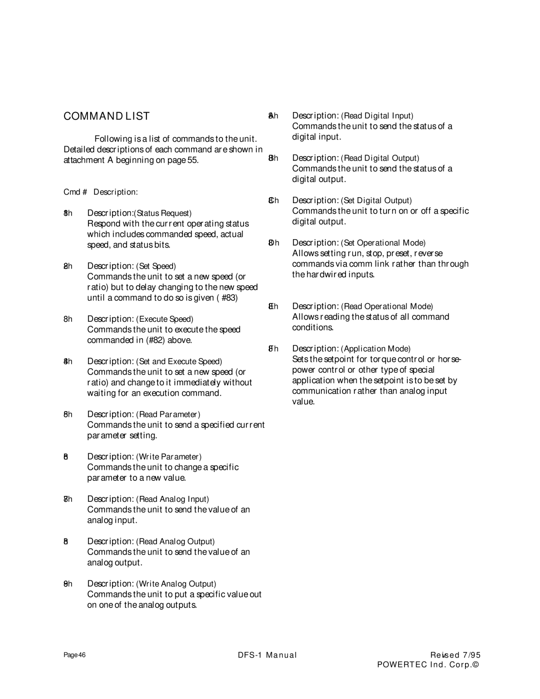 PowerTec DFS-1 manual Command List 