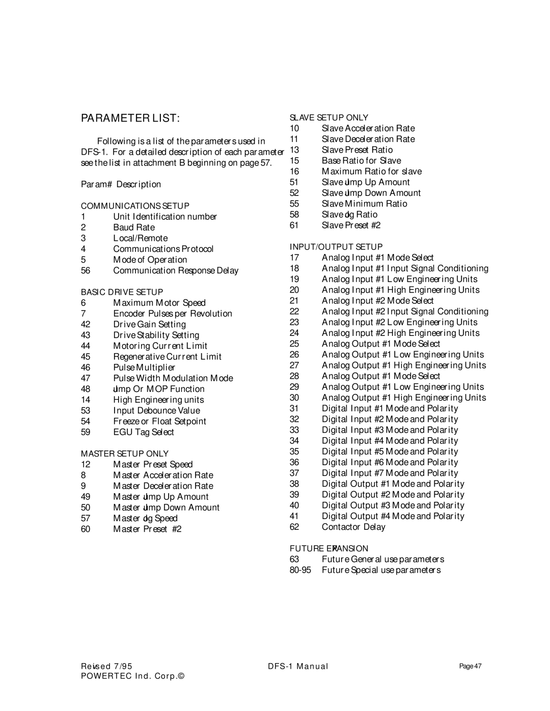 PowerTec DFS-1 manual Parameter List 