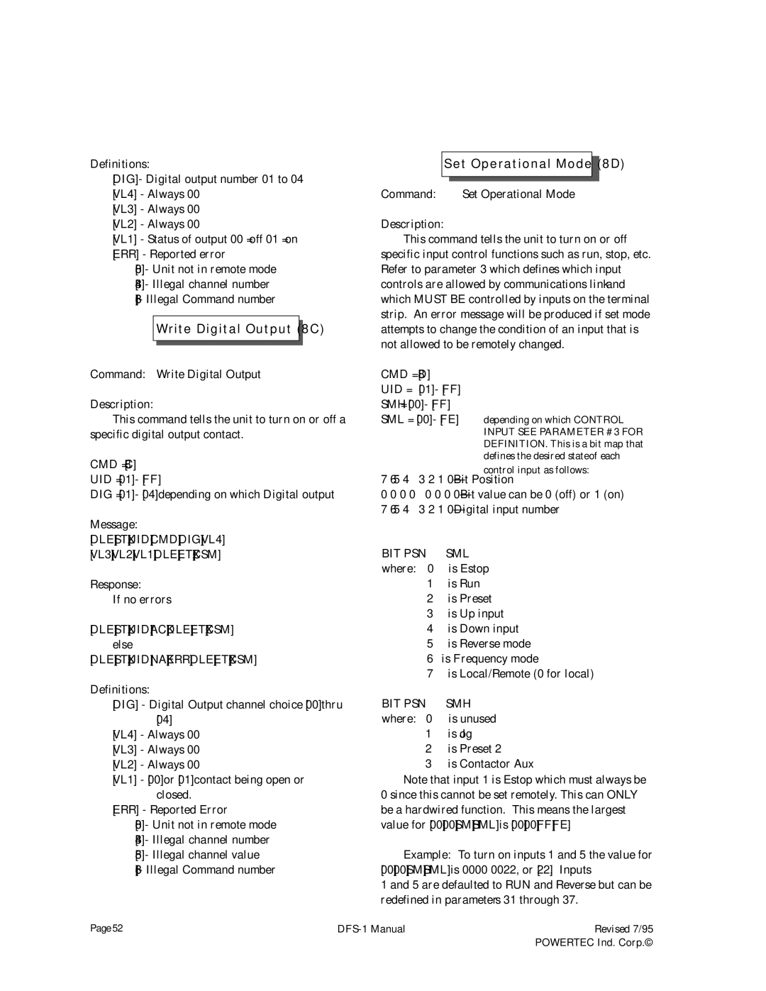 PowerTec DFS-1 manual DLESTXUIDCMDDIGVL4, Bit Psn Sml, Bit Psn Smh, Where Is unused Is Jog Is Preset Is Contactor Aux 