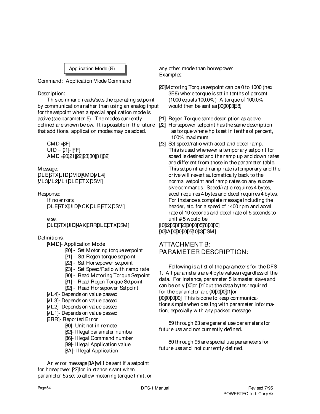 PowerTec DFS-1 manual Attachmentb Parameter Description, DLESTXUIDCMDAMDVL4 