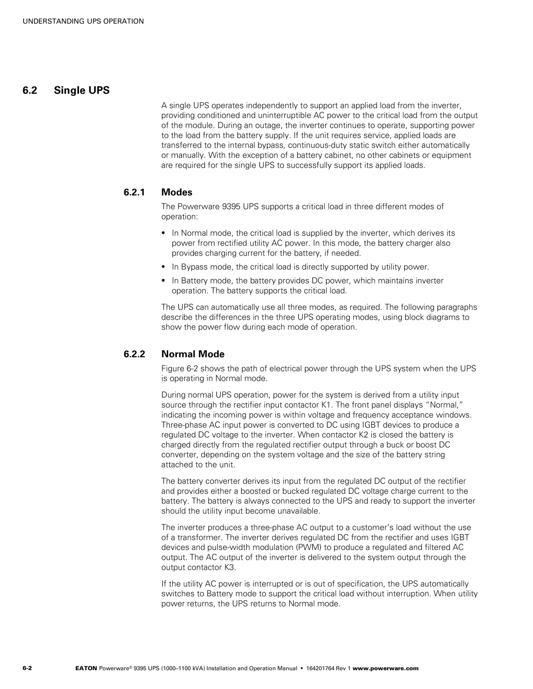 Powerware 10001100 kVA operation manual Single UPS, Modes, Normal Mode 