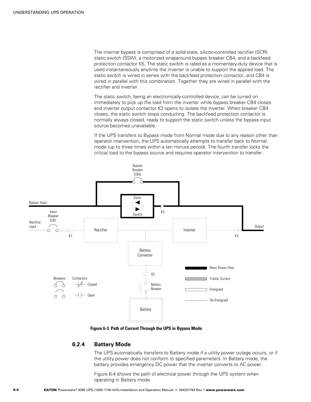 Powerware 10001100 kVA operation manual Battery Mode, Path of Current Through the UPS in Bypass Mode 