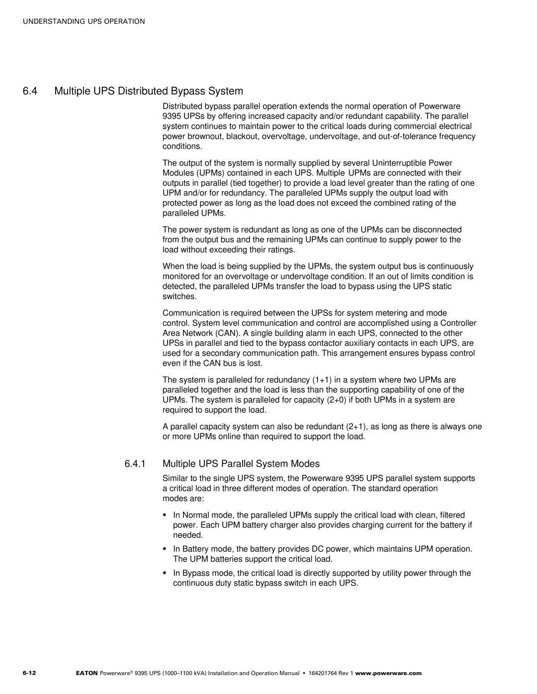 Powerware 10001100 kVA operation manual Multiple UPS Distributed Bypass System, Multiple UPS Parallel System Modes 