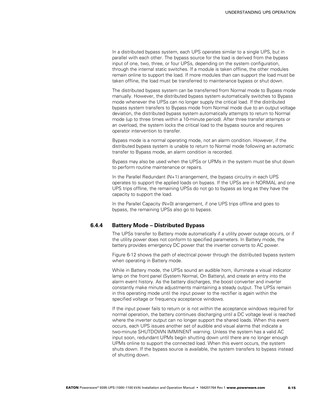 Powerware 10001100 kVA operation manual Battery Mode Distributed Bypass 