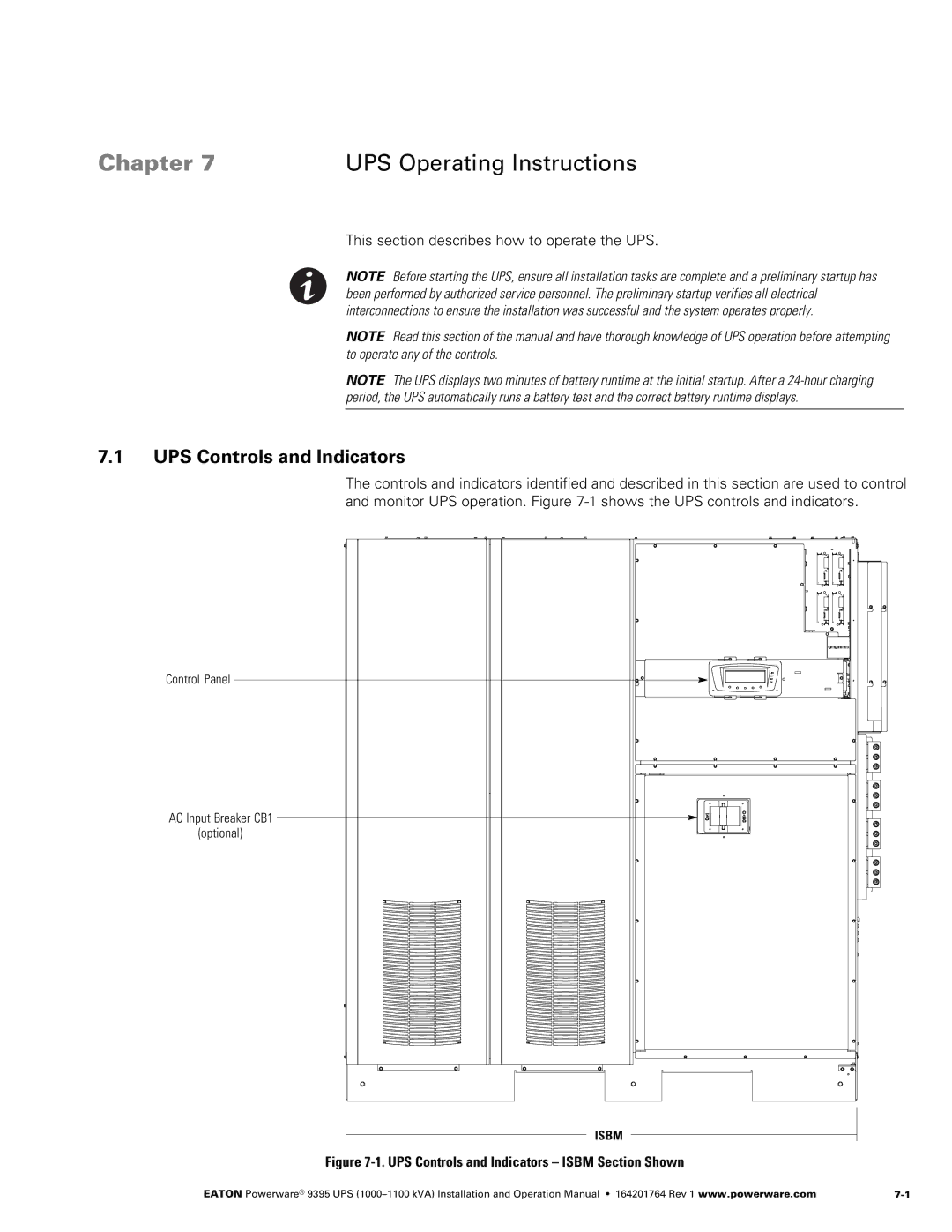 Powerware 10001100 kVA operation manual UPS Controls and Indicators, Control Panel AC Input Breaker CB1 Optional 