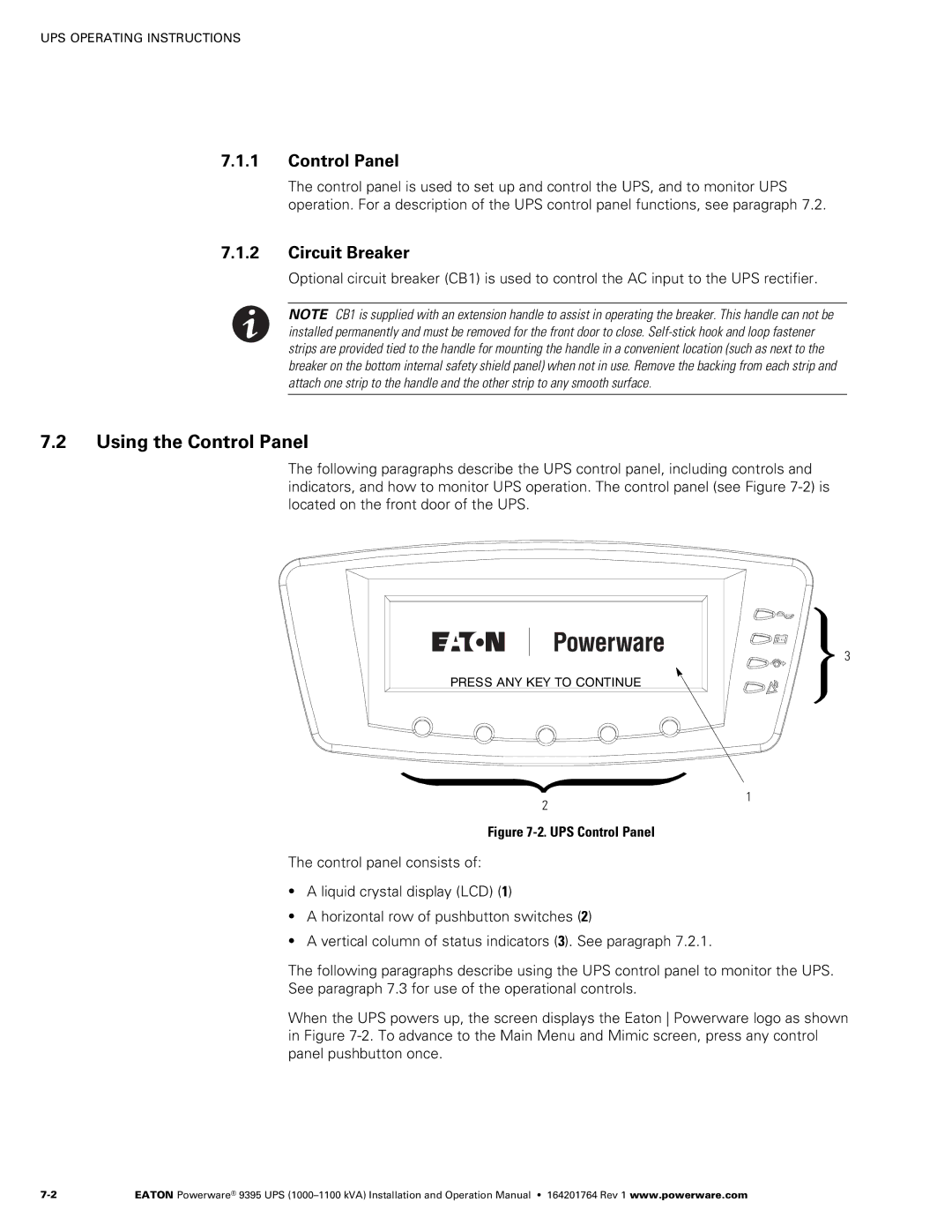 Powerware 10001100 kVA operation manual Using the Control Panel, Circuit Breaker 