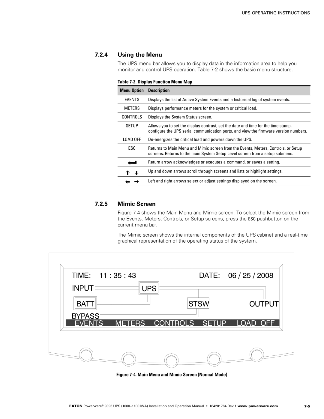 Powerware 10001100 kVA operation manual Using the Menu, Mimic Screen 