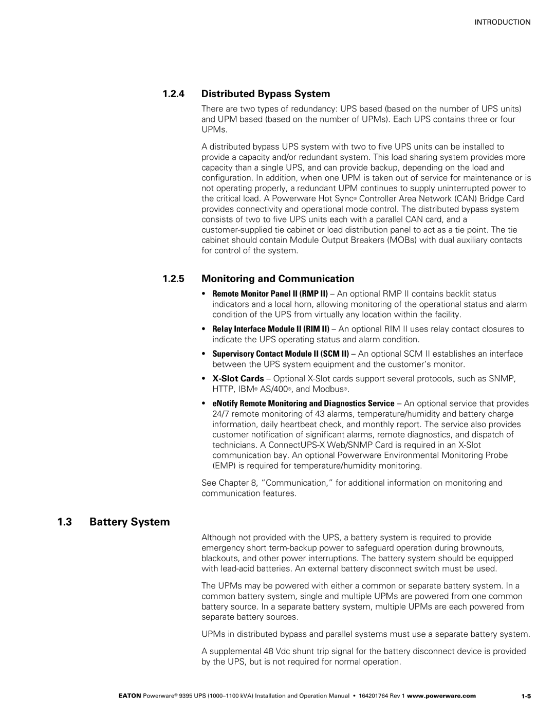 Powerware 10001100 kVA operation manual Battery System, Distributed Bypass System, Monitoring and Communication 