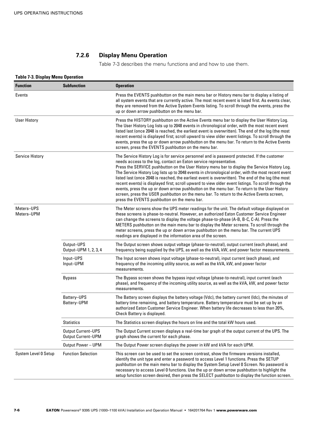 Powerware 10001100 kVA operation manual Display Menu Operation 