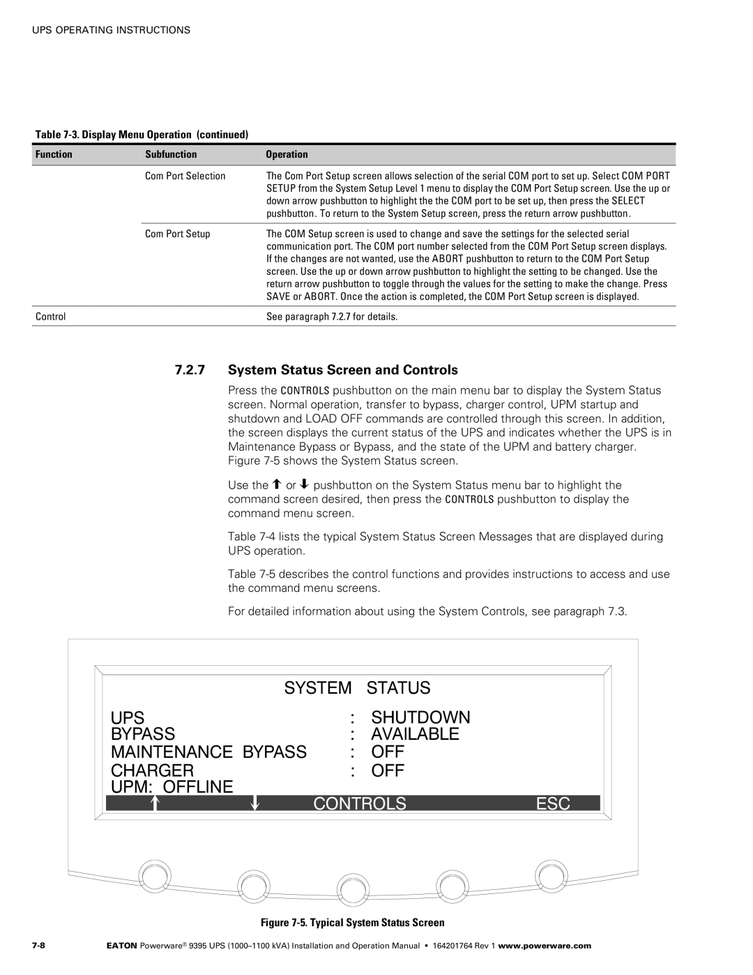 Powerware 10001100 kVA System Status Screen and Controls, Function Subfunction Operation Com Port Selection 