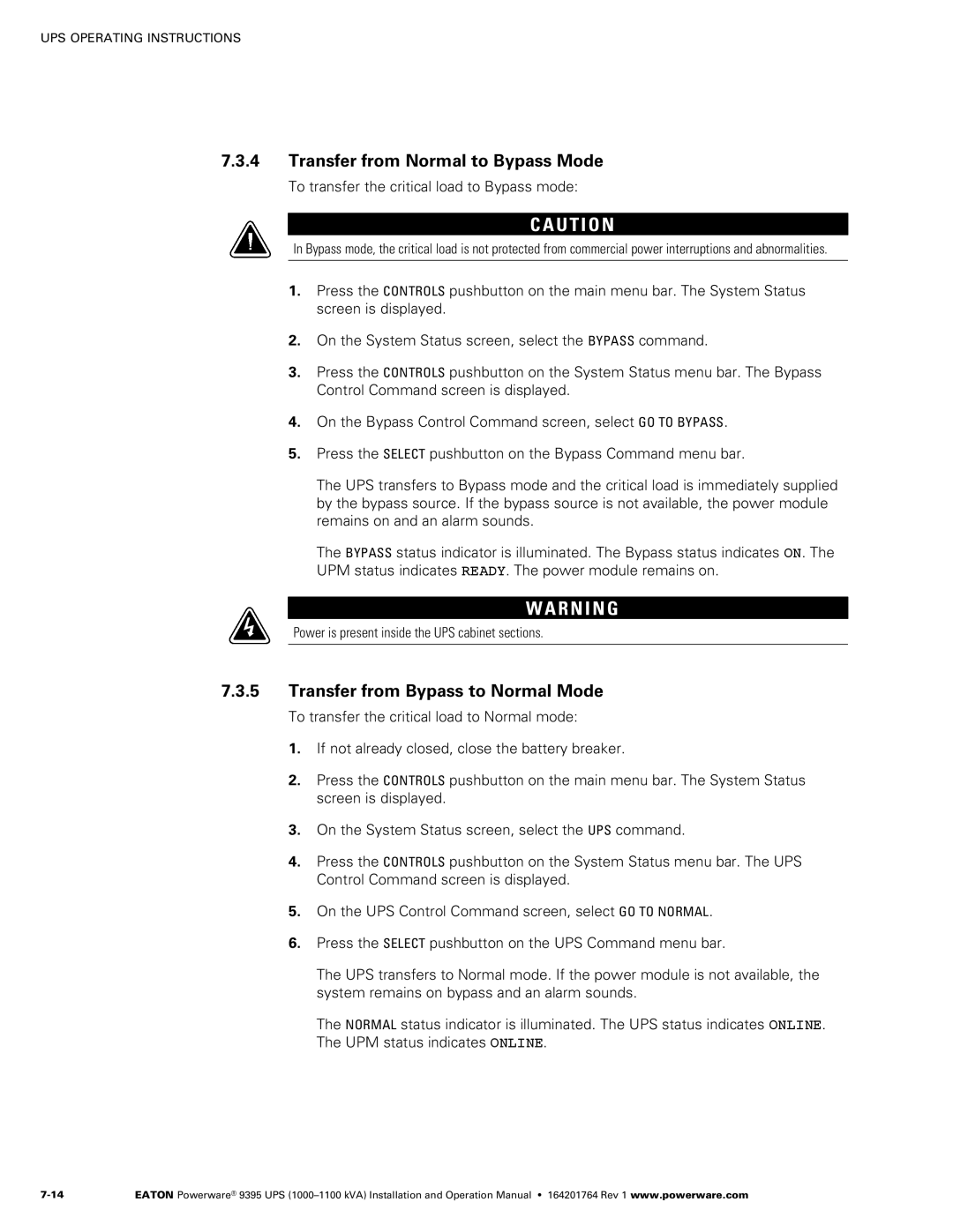 Powerware 10001100 kVA operation manual Transfer from Normal to Bypass Mode, Transfer from Bypass to Normal Mode 