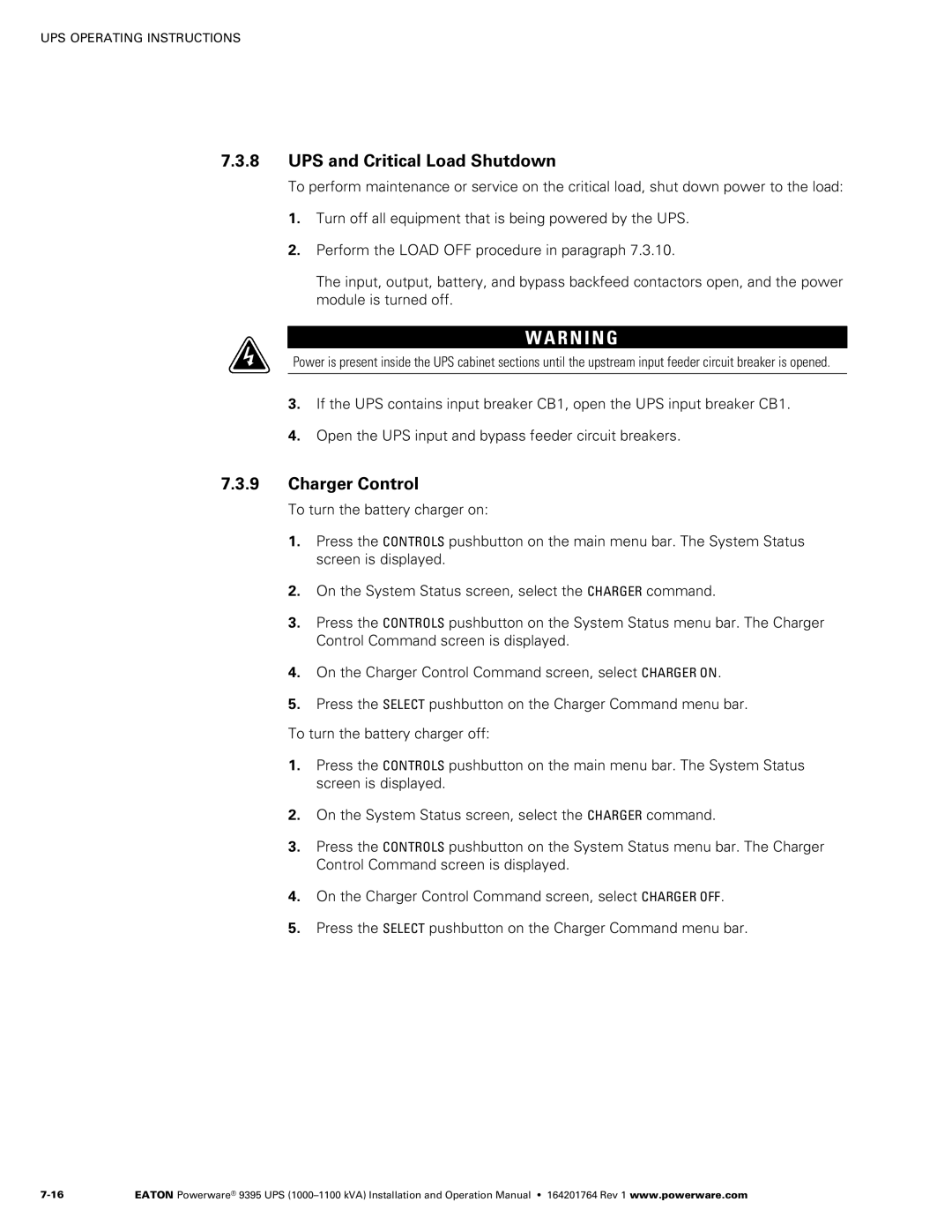 Powerware 10001100 kVA operation manual UPS and Critical Load Shutdown, Charger Control 