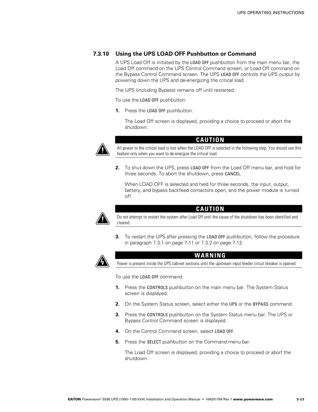 Powerware 10001100 kVA operation manual Using the UPS Load OFF Pushbutton or Command 