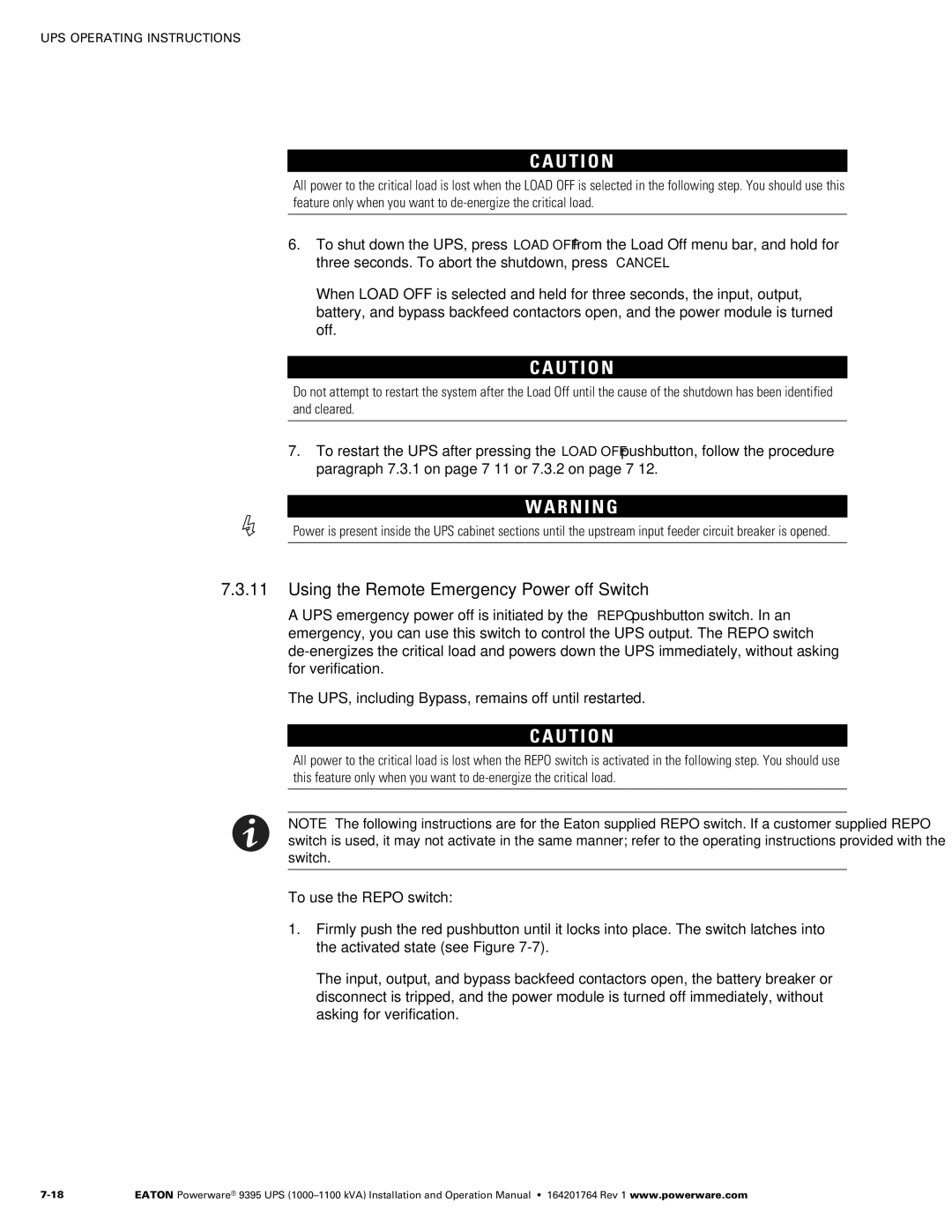 Powerware 10001100 kVA operation manual Using the Remote Emergency Power−off Switch 