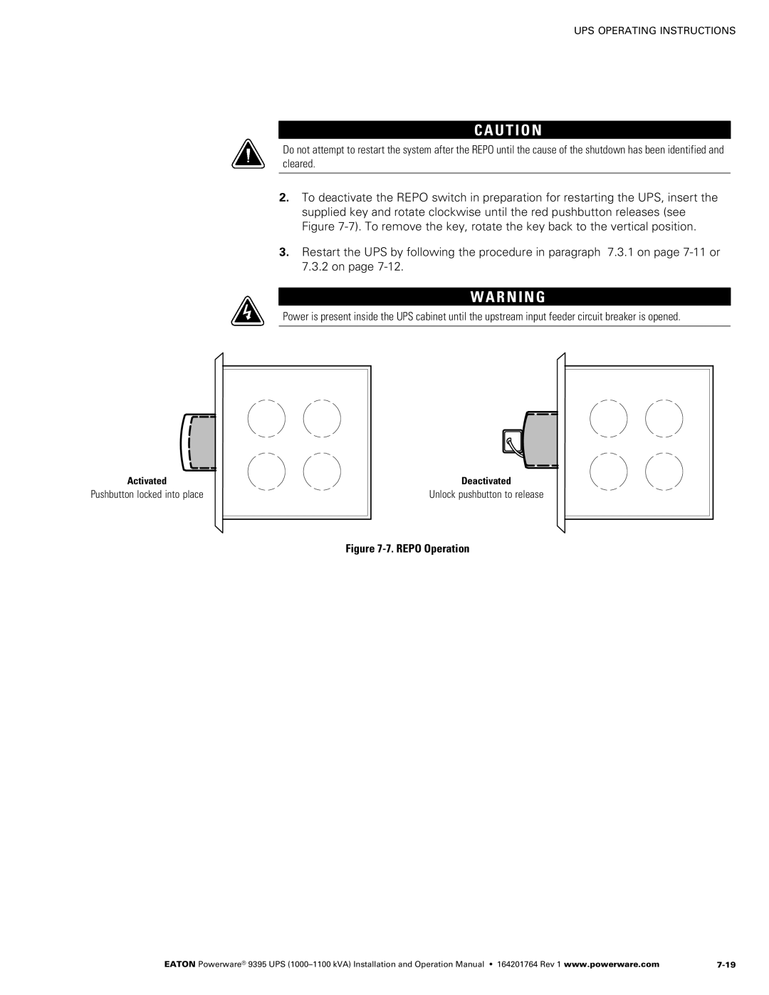 Powerware 10001100 kVA operation manual Repo Operation 