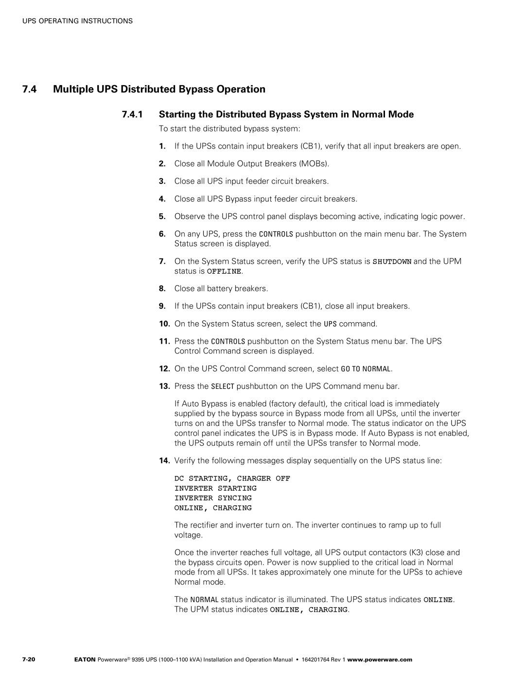 Powerware 10001100 kVA Multiple UPS Distributed Bypass Operation, Starting the Distributed Bypass System in Normal Mode 