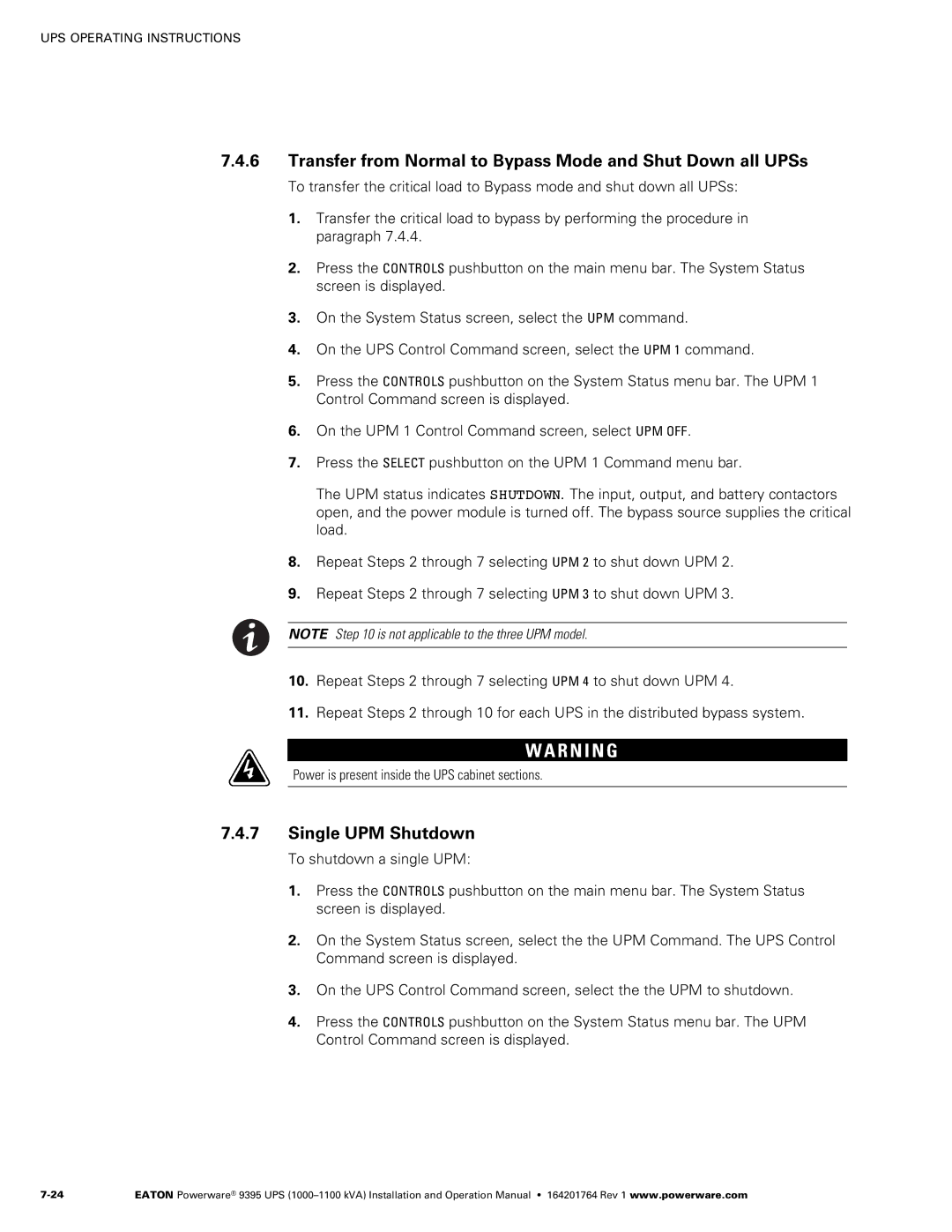 Powerware 10001100 kVA operation manual Transfer from Normal to Bypass Mode and Shut Down all UPSs, Single UPM Shutdown 