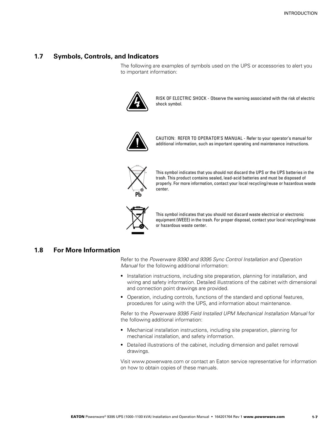 Powerware 10001100 kVA operation manual Symbols, Controls, and Indicators, For More Information 