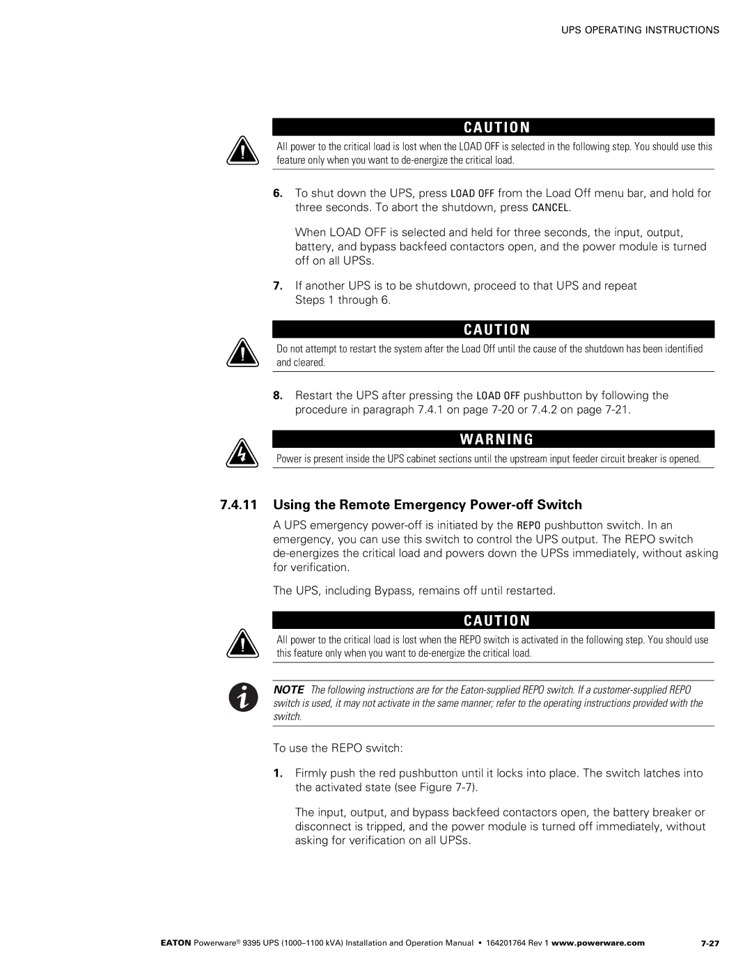 Powerware 10001100 kVA operation manual Using the Remote Emergency Power−off Switch 