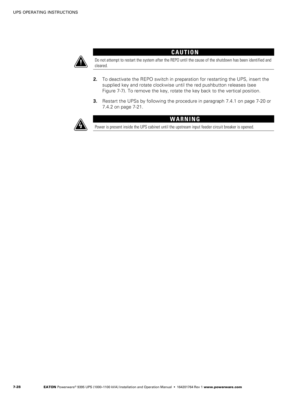 Powerware 10001100 kVA operation manual 28 