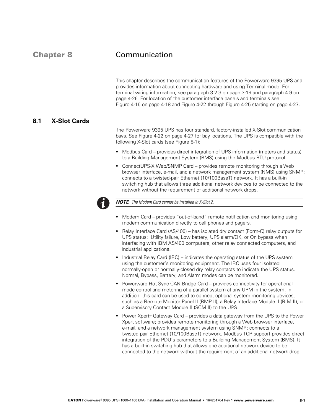 Powerware 10001100 kVA operation manual Chapter Communication, X−Slot Cards 