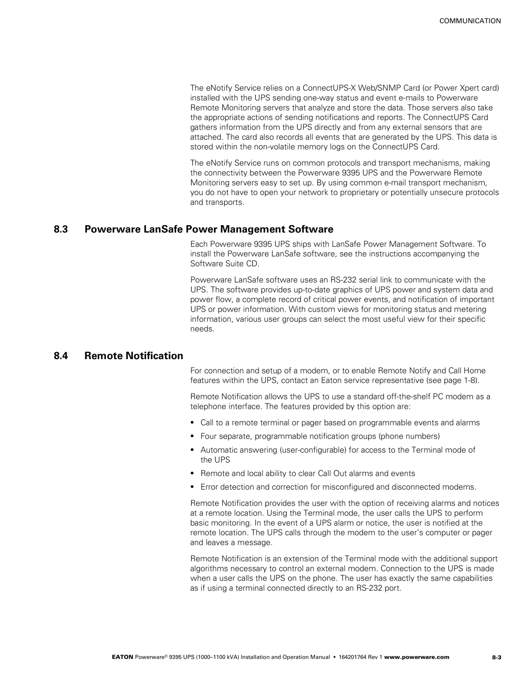 Powerware 10001100 kVA operation manual Powerware LanSafe Power Management Software, Remote Notification 