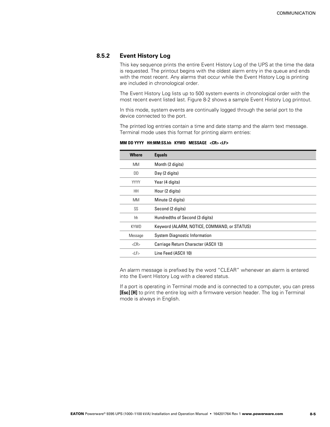 Powerware 10001100 kVA operation manual Event History Log 