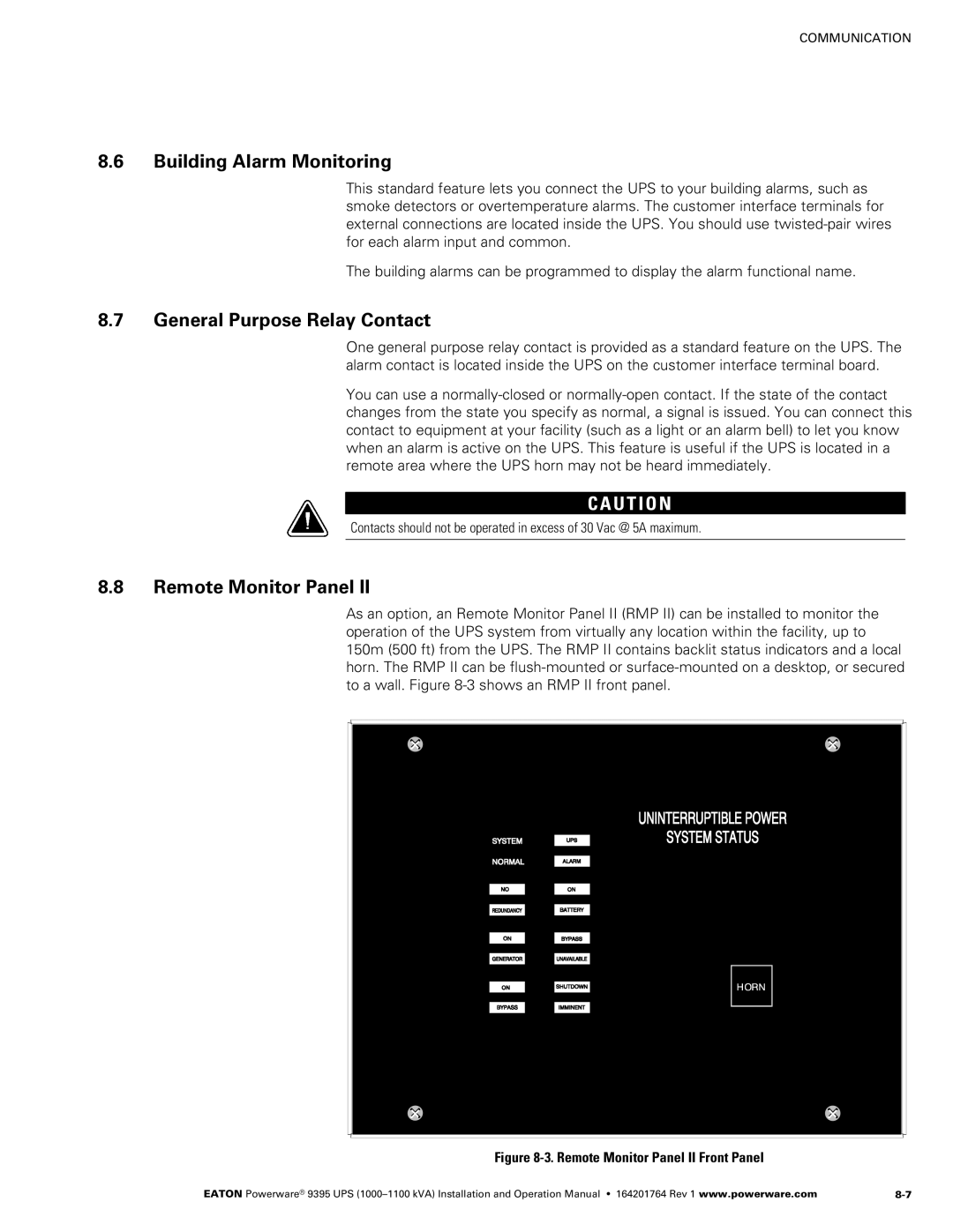 Powerware 10001100 kVA operation manual Building Alarm Monitoring, General Purpose Relay Contact, Remote Monitor Panel 